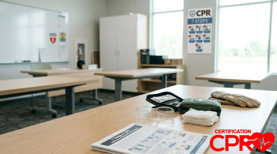 CPR training setup with manikins and instructional materials in Laredo.