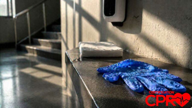 CPR training gloves and mask on a training station in Laredo.